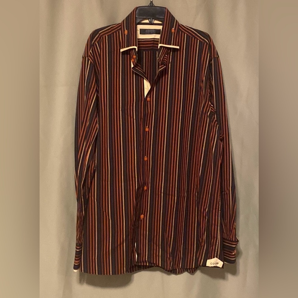 COOGI LUXE Men’s 3XL Brown Muti-Color Stripe Flip Cuff Button Up Long Sleeve